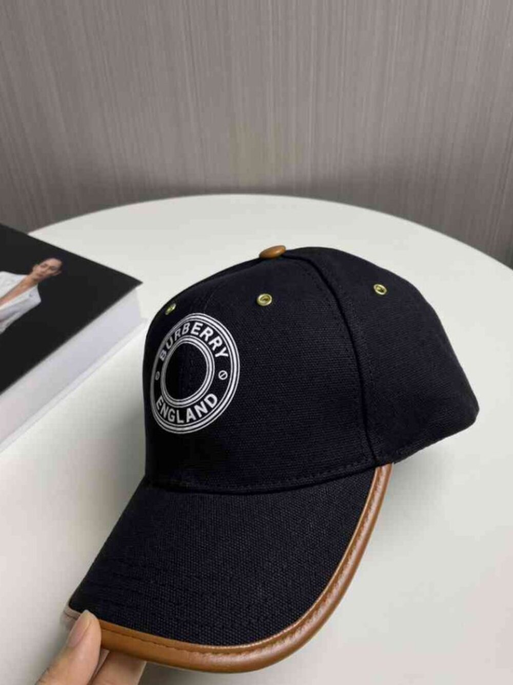 Burberry Black Canvas Baseball Cap Brown Leather Trim Circle England Logo Hat - Picture 3 of 6